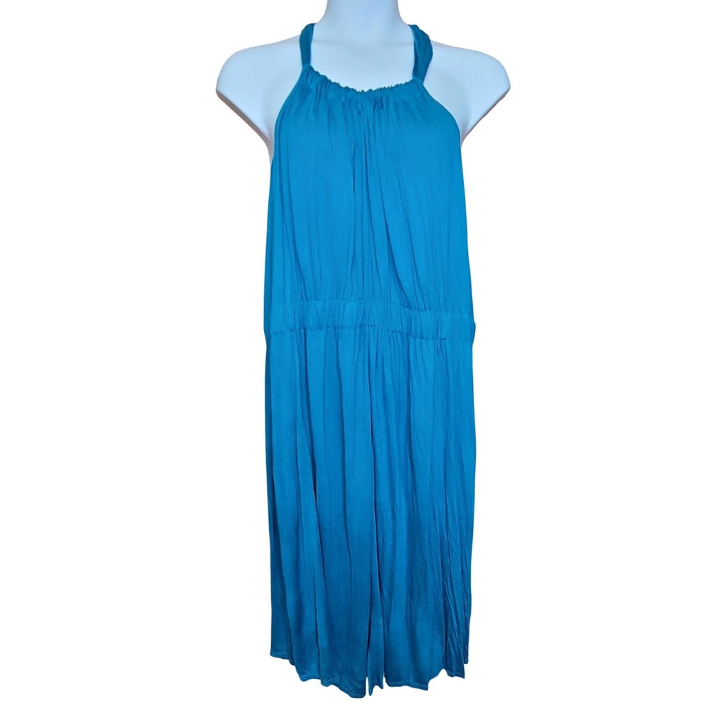 Mossimo Halter Sun Dress Women 28W/30W Teal Jersey Knit Elastic Waist Midi Beach